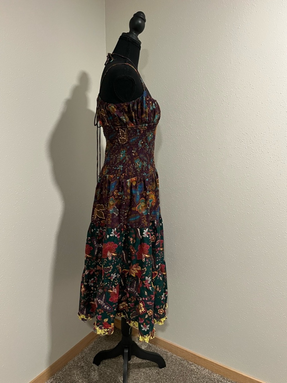 Anthropologie Floral Smocked Midi Dress in Green & Burgundy-Small - Picture 8 of 10